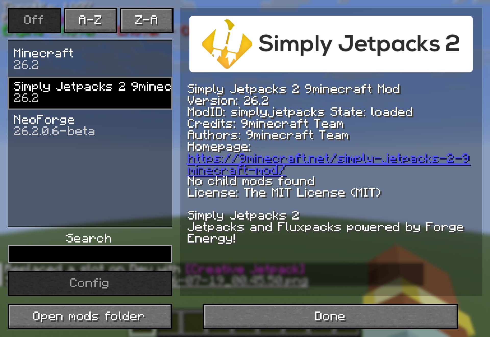 Simply Jetpacks 2 listed in the in-game mods screen - loaded, with 9minecraft Team credits and its homepage link.