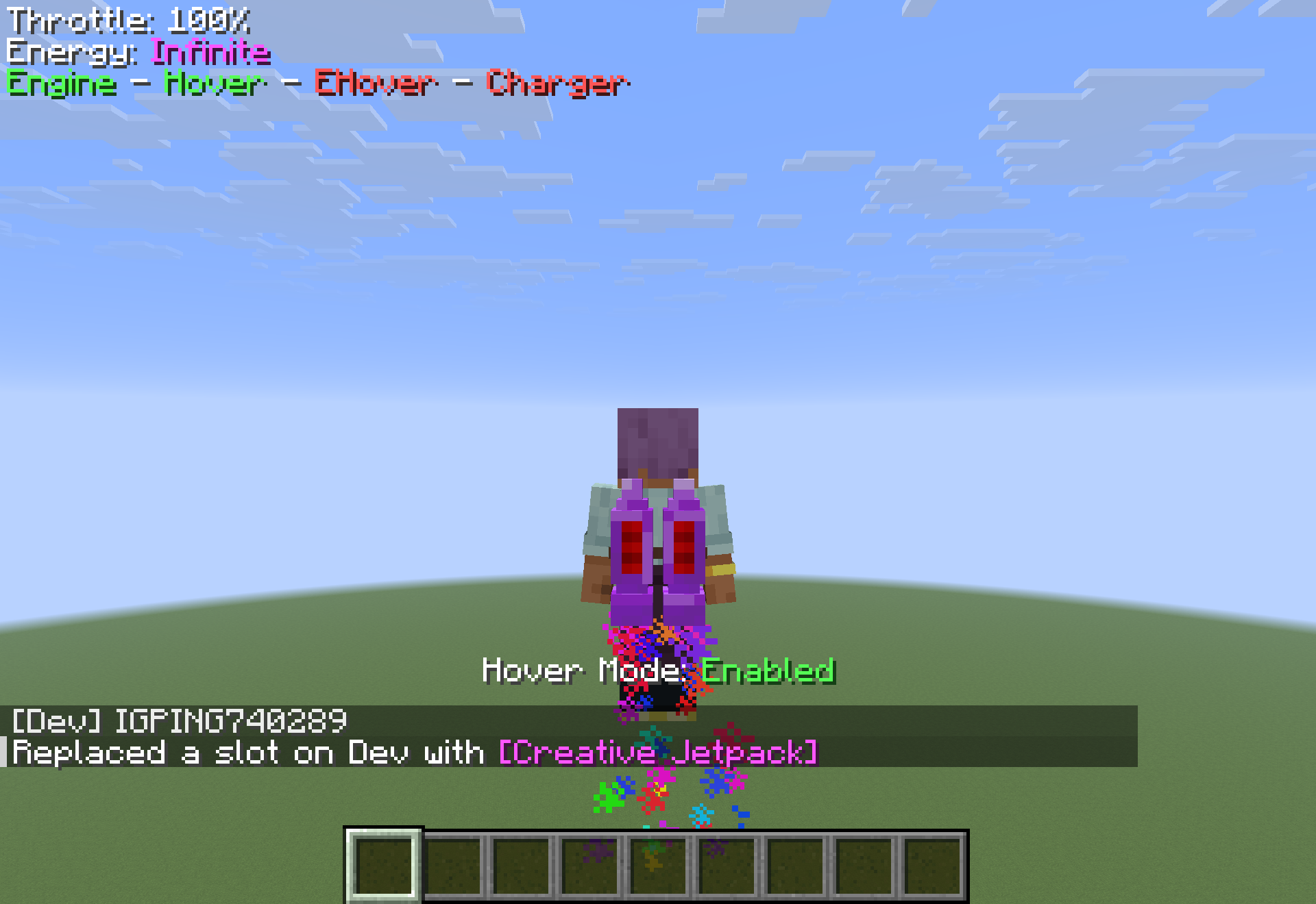 Hovering in mid-air on a jetpack, with the flight HUD on screen and colorful exhaust particles trailing below.