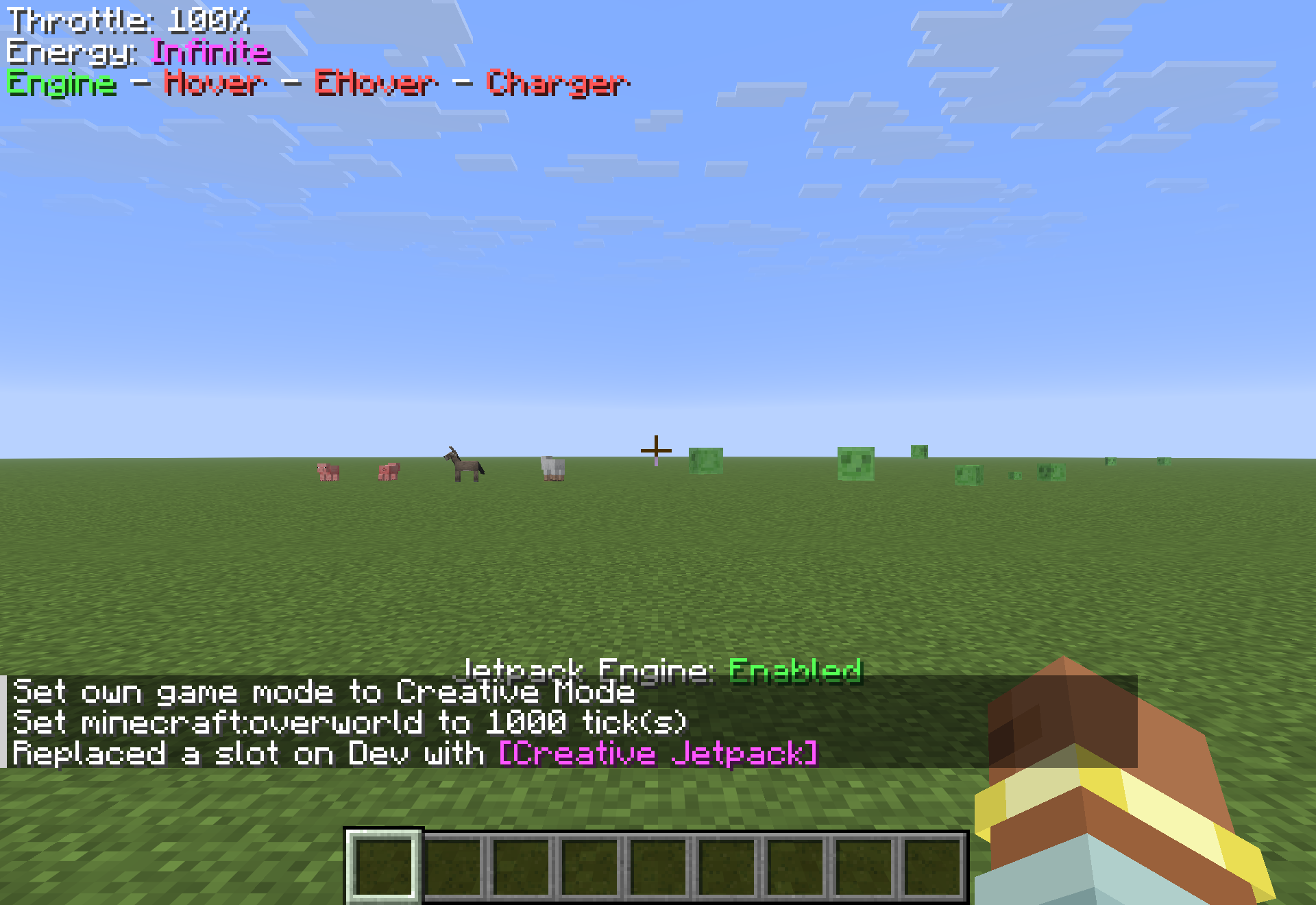 The first-person flight HUD showing the current throttle, stored energy and the engine and hover mode states.