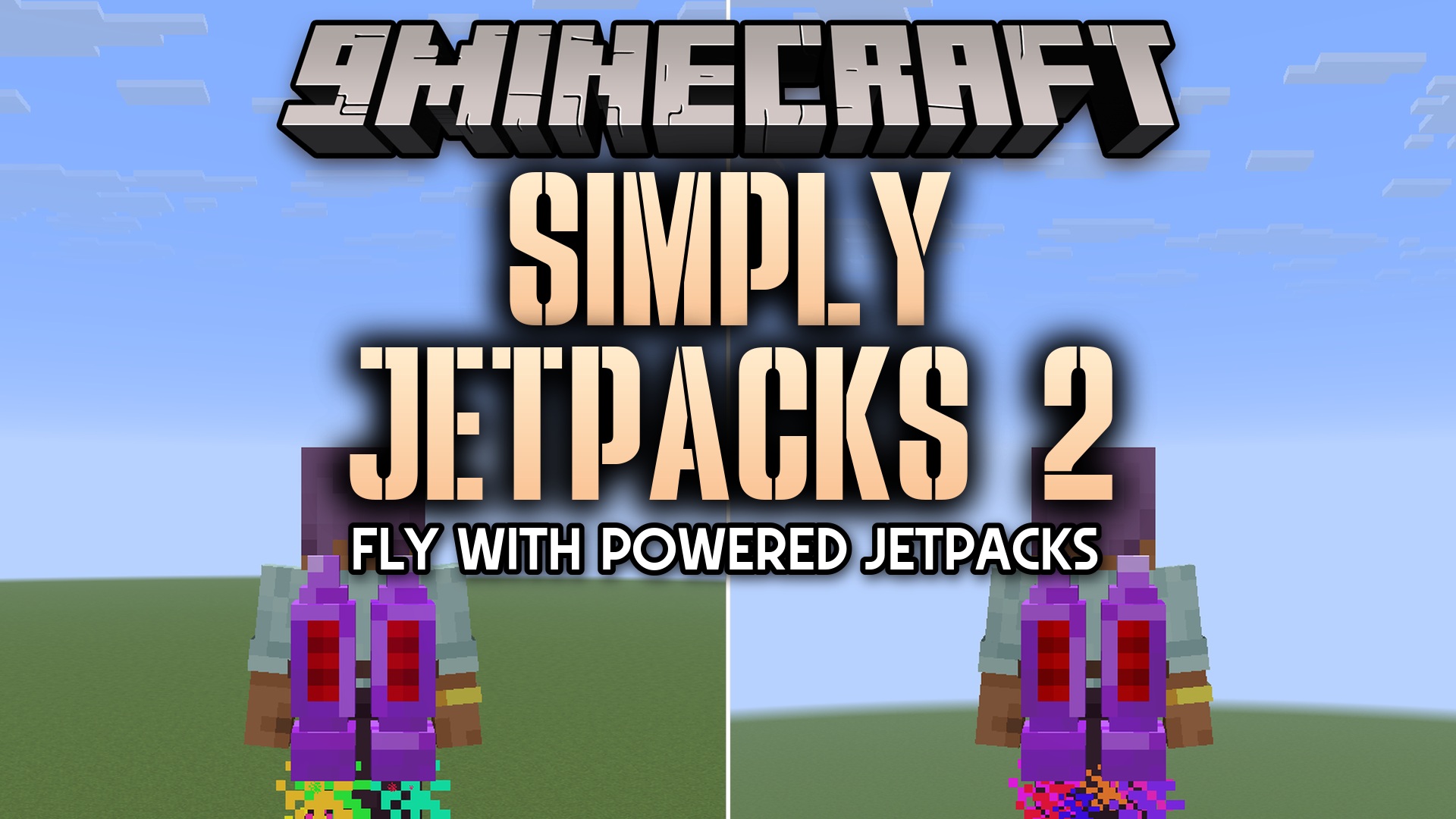 Simply Jetpacks 2 adds wearable, energy-powered jetpacks: hold jump to fly, switch on hover mode for a steady altitude and soft landings, and tune the throttle to trade speed against energy drain. Jetpacks come in tiers with armored variants, fluxpacks charge your gear while worn, and an on-screen HUD tracks throttle, energy and mode states.