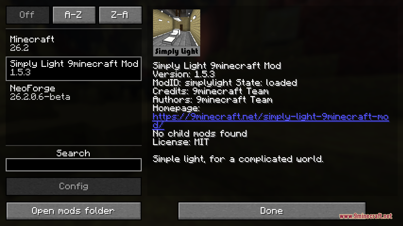 The mod's entry in the in-game mods list, showing it loaded with its 9minecraft Team credits, a clickable homepage link, and the tagline that it adds simple, decorative light sources