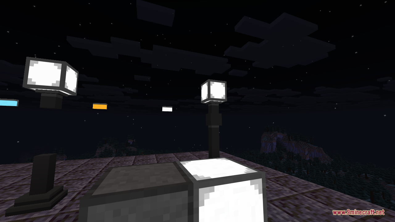 Two tall rod lamp posts with glowing white heads standing on a stone floor at night, lighting the ground around them next to a bright white illuminant block