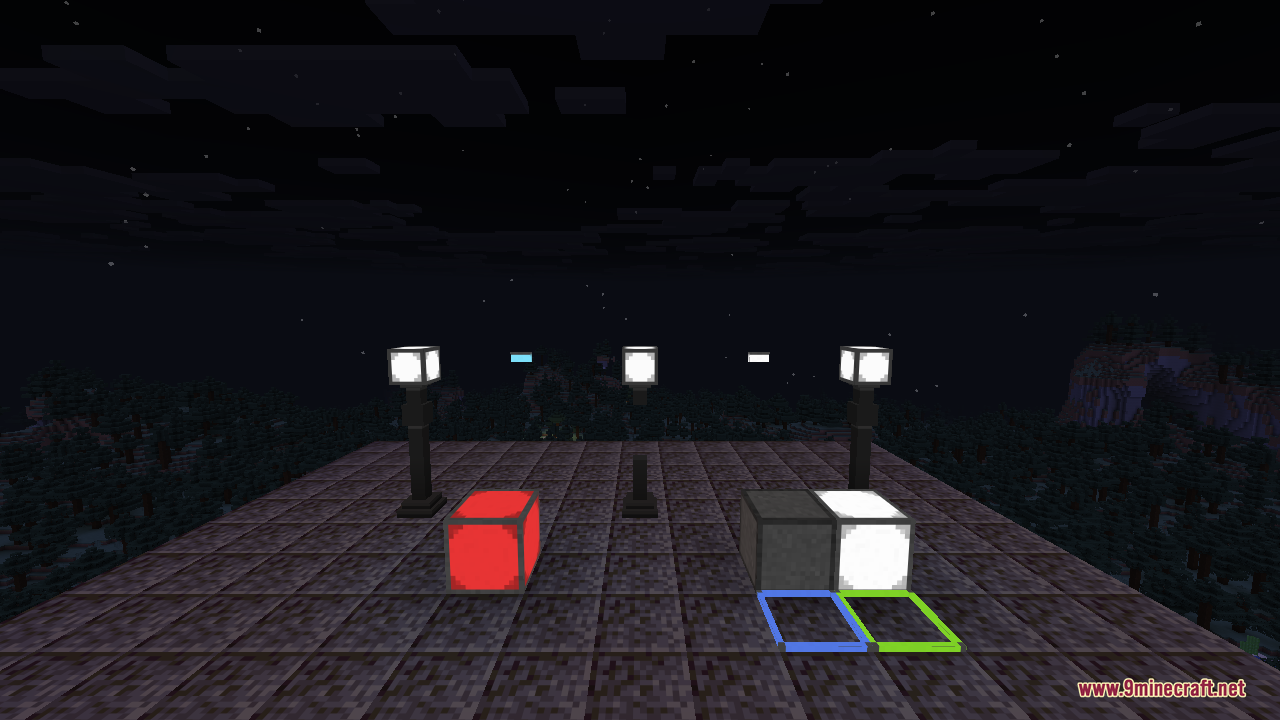 A red illuminant block and a white illuminant block glowing next to a dim, switched-off block, with rod lamps behind them and blue and green edge lights outlining the floor tiles