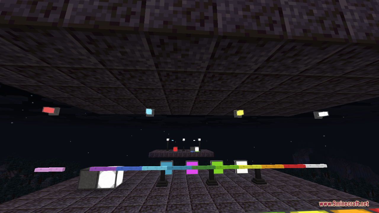 A large dark room filled with coloured illuminant panels on posts, a long multi-colour edge-light strip, and a bright white illuminant block, showing how the lights fill a whole space