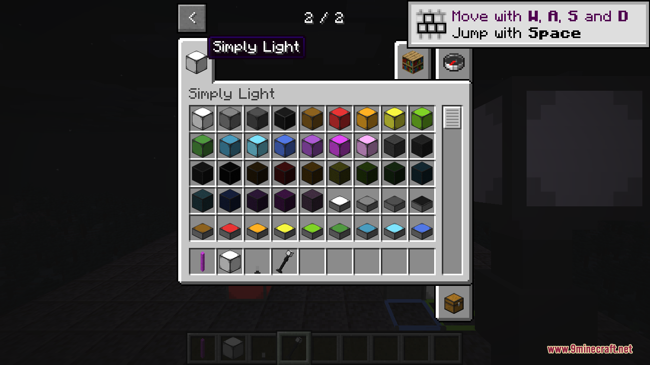 The creative inventory open on the Simply Light tab, showing the full palette of illuminant blocks in every colour along with their darker shades, plus slab, panel, edge-light, and rod lamp items