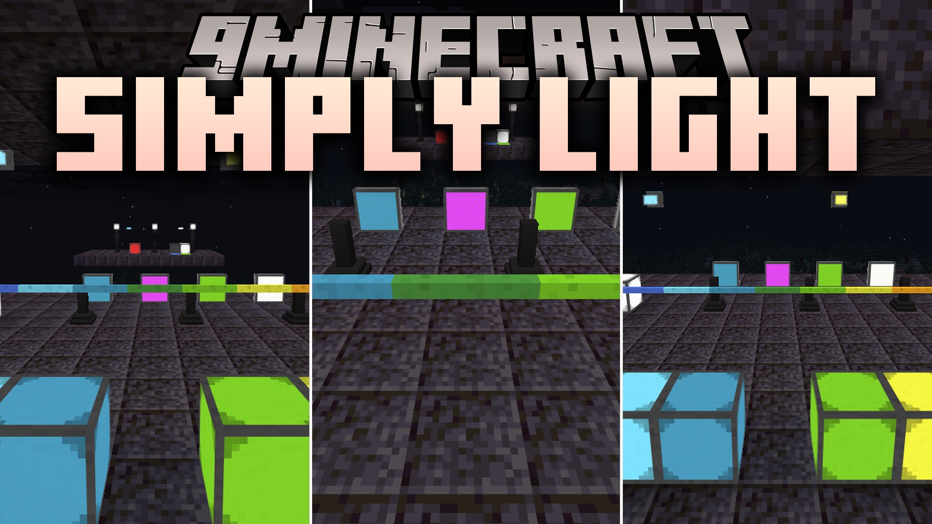 The Simply Light 9minecraft Mod adds a clean, simple family of decorative light sources, including illuminant blocks, slabs, and panels in sixteen colours that can be toggled on and off, along with rod lamps, light bulbs, wall fixtures, tall lamp posts, and thin edge lights for full-bright, flexible lighting in any build