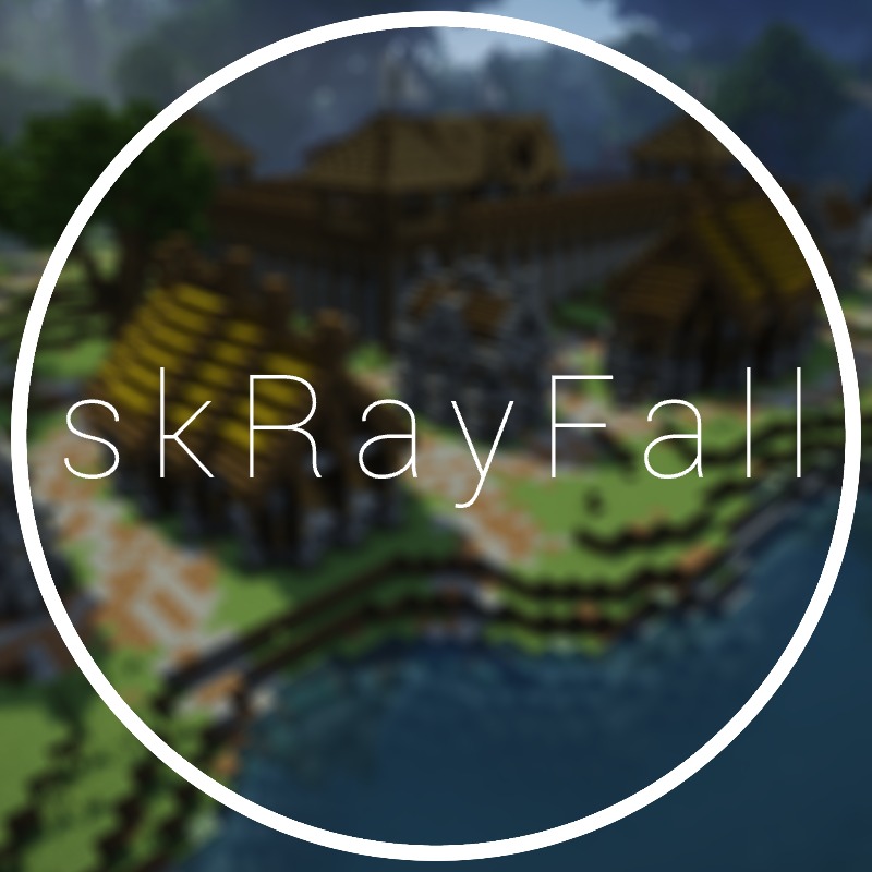 skRayFall logo showing a blurred Minecraft village scene inside a white circular frame