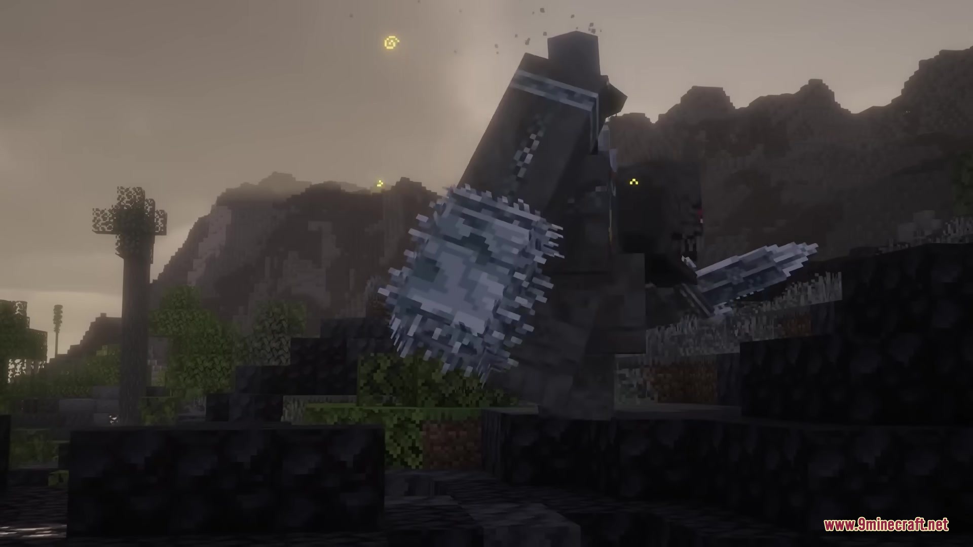 Skarrier Mobs Mod Screenshot 11 The Breacher monster swings a massive spiked club in a dark foggy world