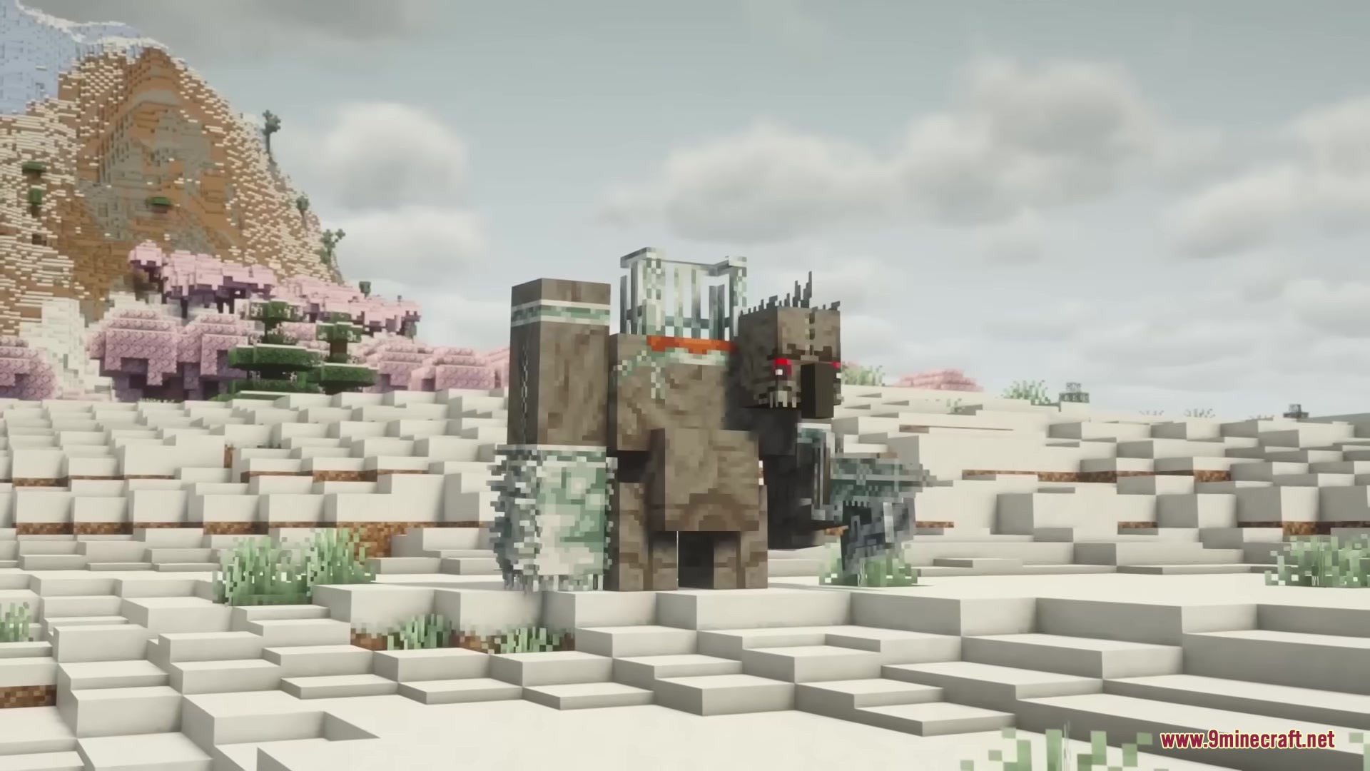 Skarrier Mobs Mod Screenshot 13 A massive stone golem with red eyes stands in a snowy Minecraft world