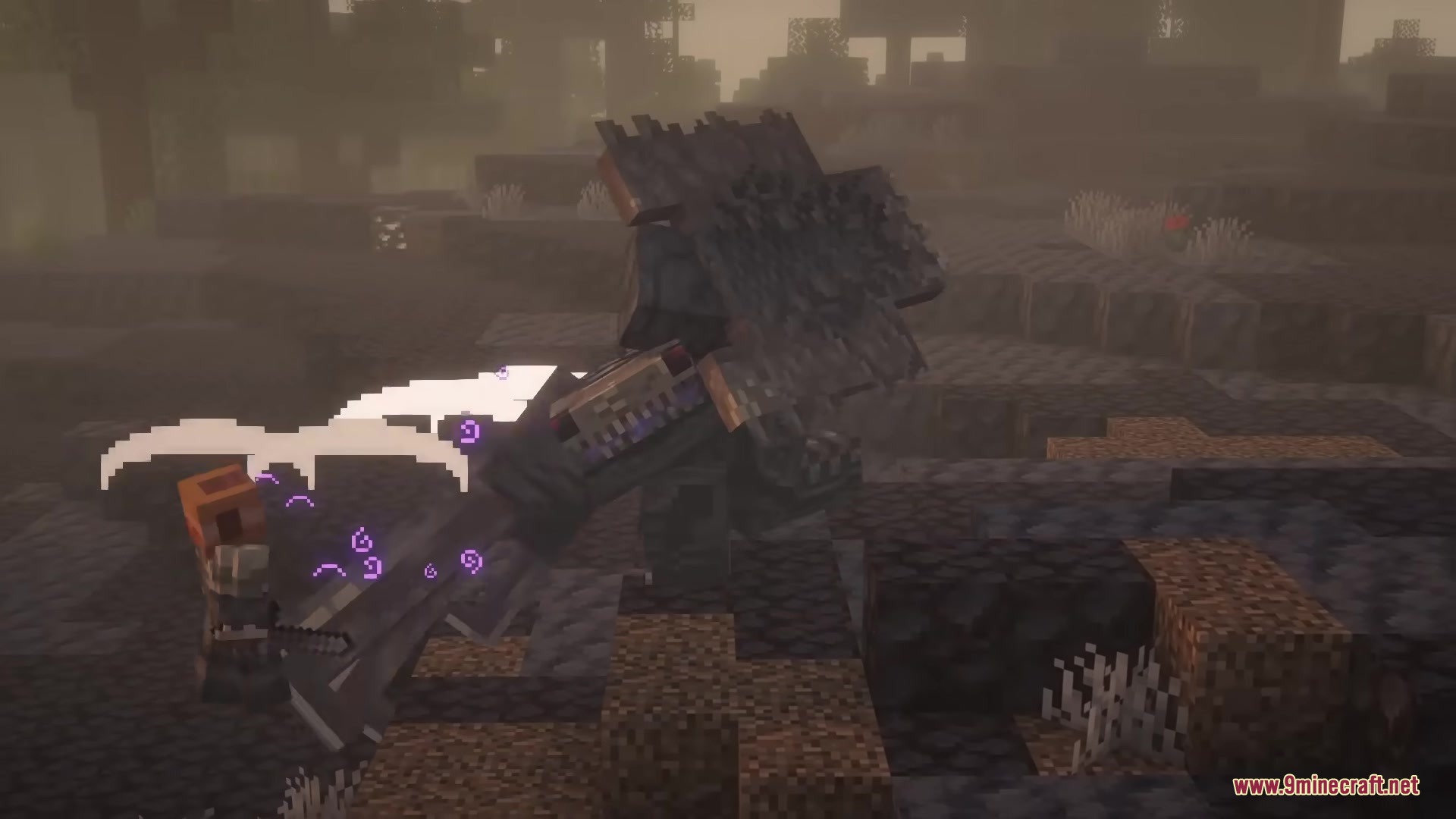 Skarrier Mobs Mod Screenshot 14 A dangerous monster attacks a player with a heavy swing in the fog