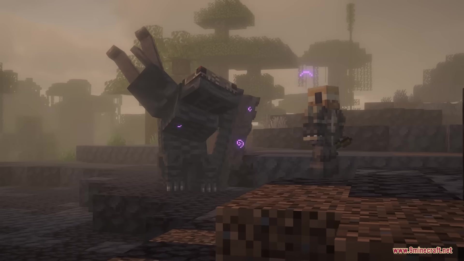 Skarrier Mobs Mod Screenshot 15 A giant Breacher mob from Skarrier Mobs Mod stands in the fog