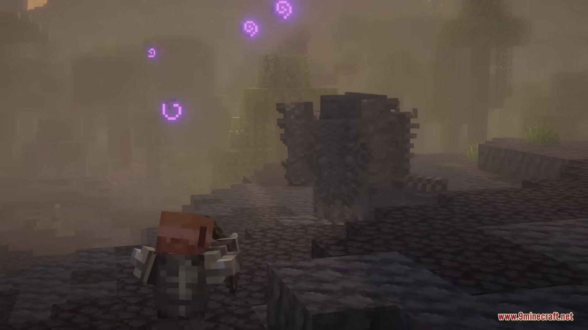 Skarrier Mobs Mod Screenshot 17 A player faces a large grey monster with purple particles in the fog