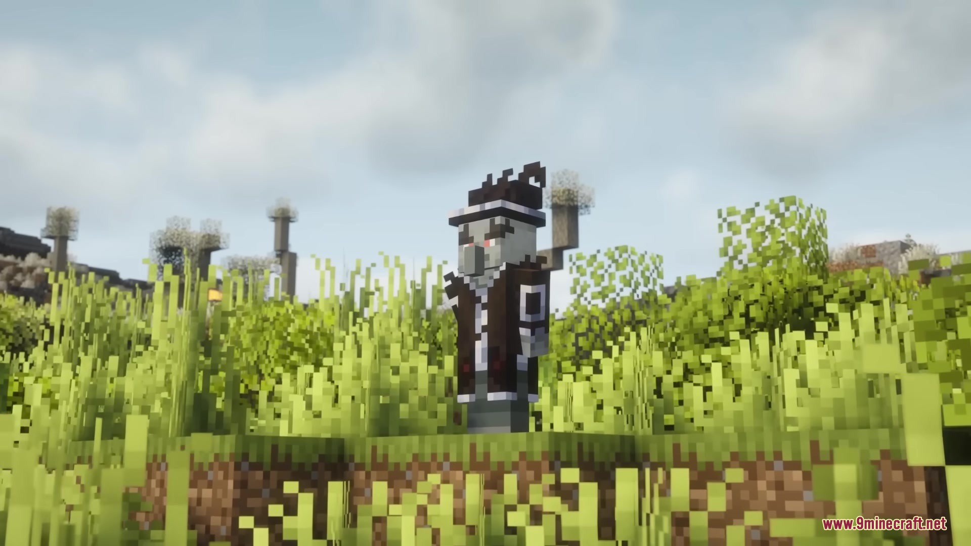 Skarrier Mobs Mod Screenshot 2 A pillager mob wearing a top hat and suit in the grass