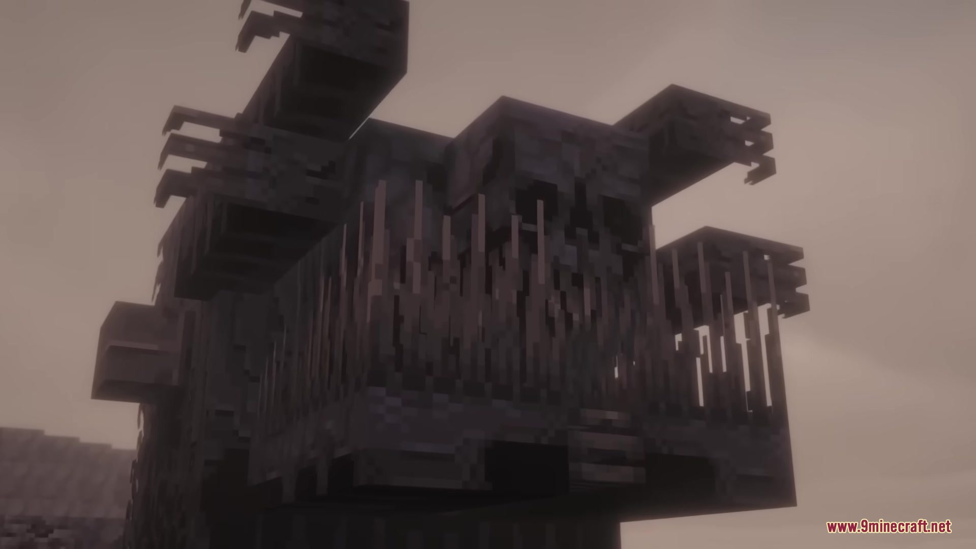 Skarrier Mobs Mod Screenshot 3 A massive skeletal creature with sharp teeth looms in the thick fog