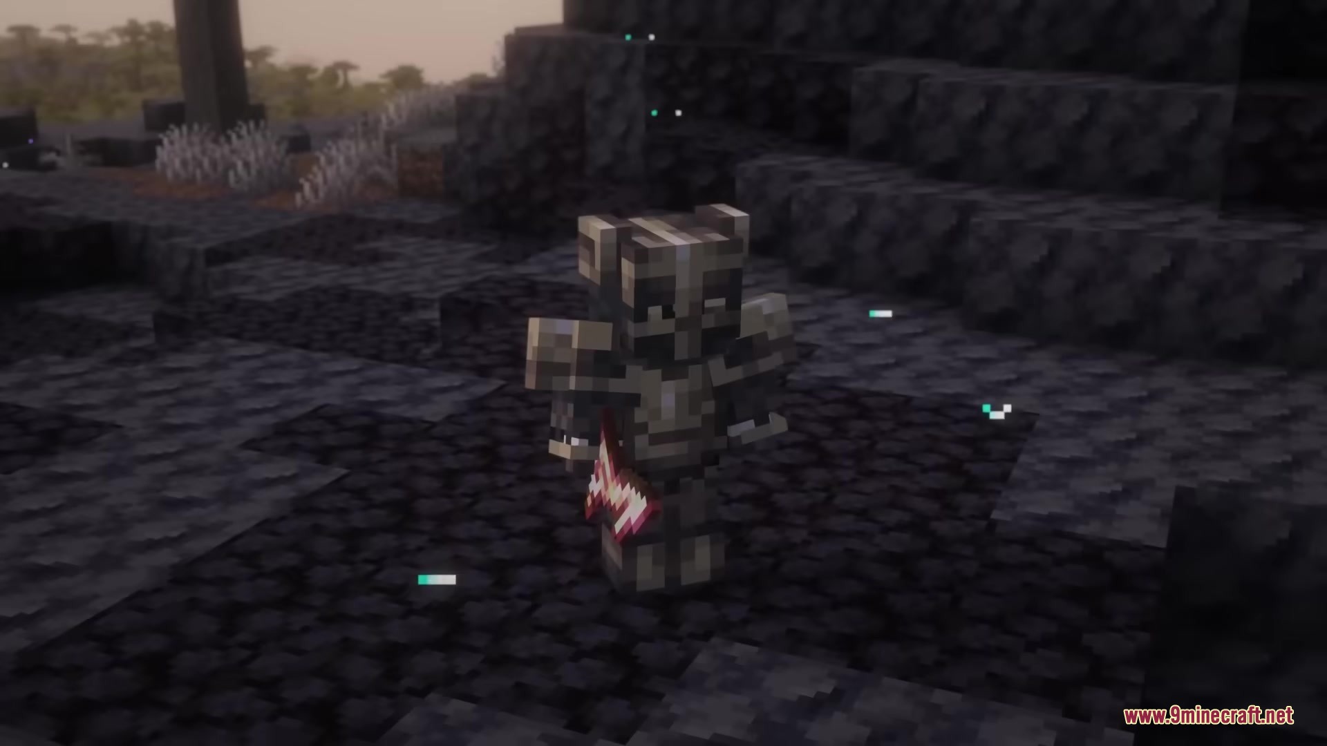 Skarrier Mobs Mod Screenshot 5 A player wearing heavy Wrought armor stands on dark blocks holding a weapon