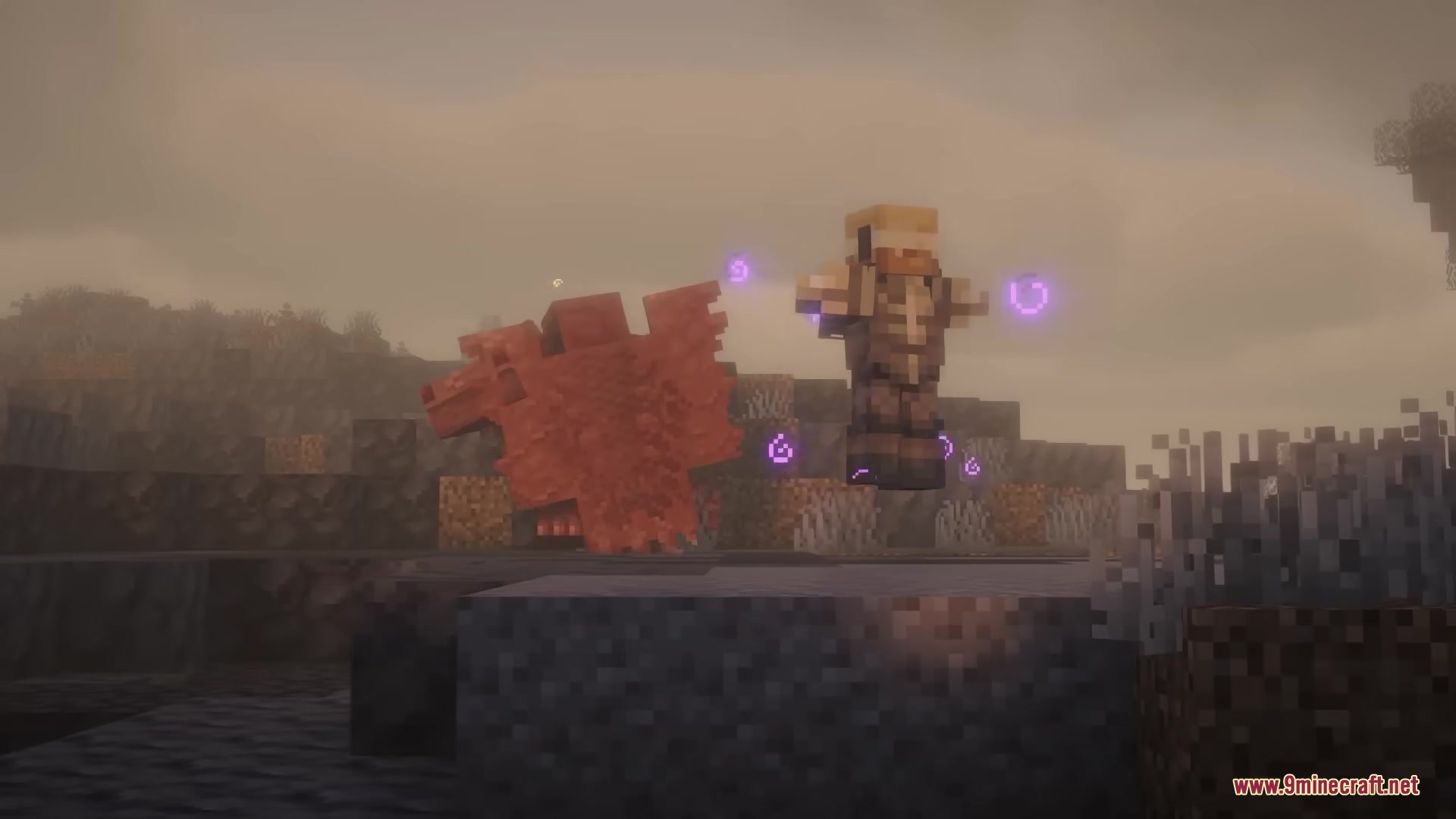 Skarrier Mobs Mod Screenshot 8 A floating pillager uses magical purple energy while a red beast attacks nearby