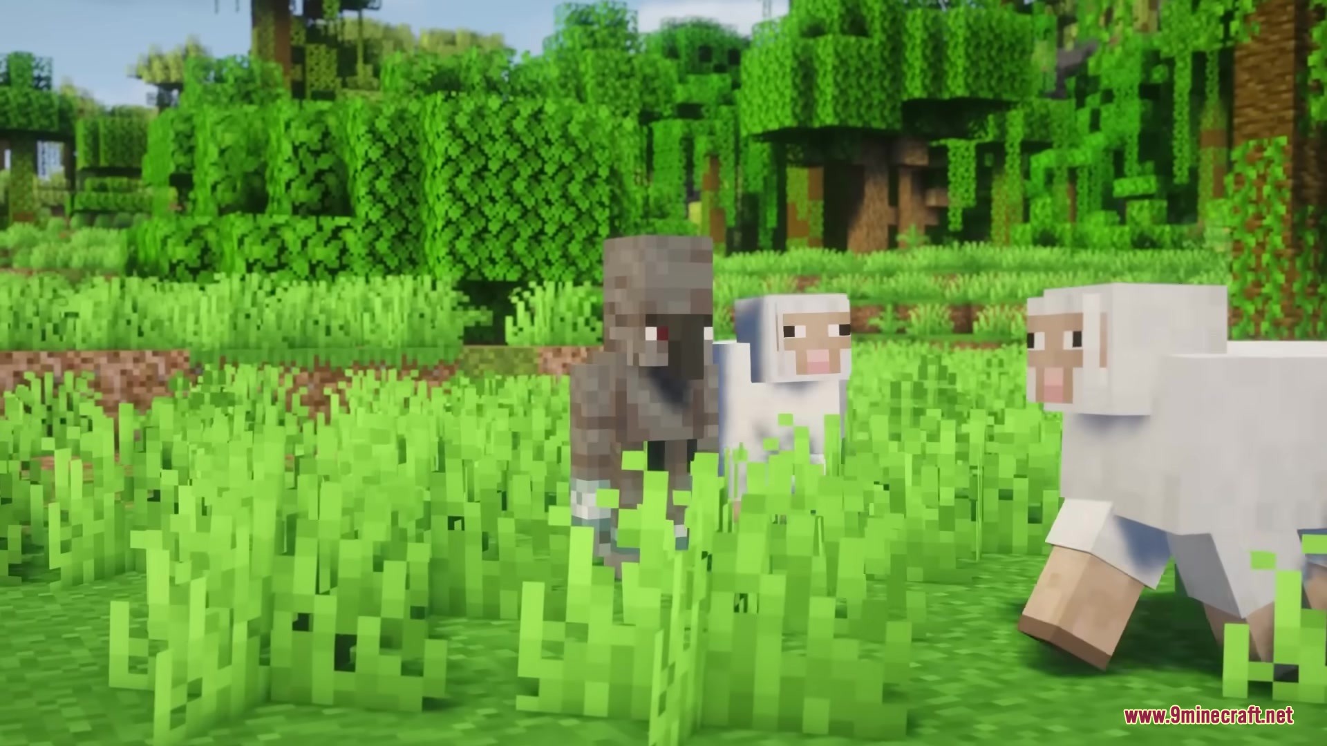 Skarrier Mobs Mod Screenshot 9 A small grey Rager mob standing near sheep in a jungle biome