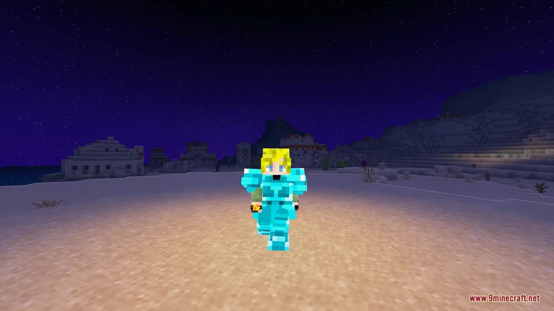 Skincraft Mod Screenshot 1 A character with yellow hair wearing diamond armor in a desert at night