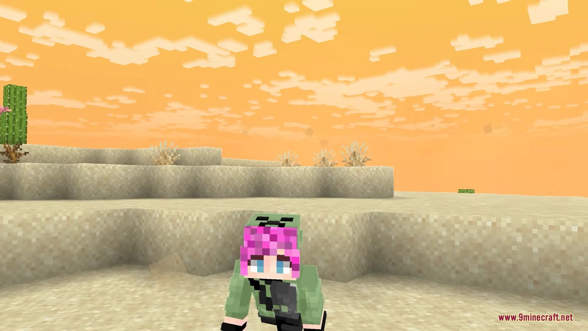 Skincraft Mod Screenshot 3 A custom character skin with pink hair crouching in a desert biome