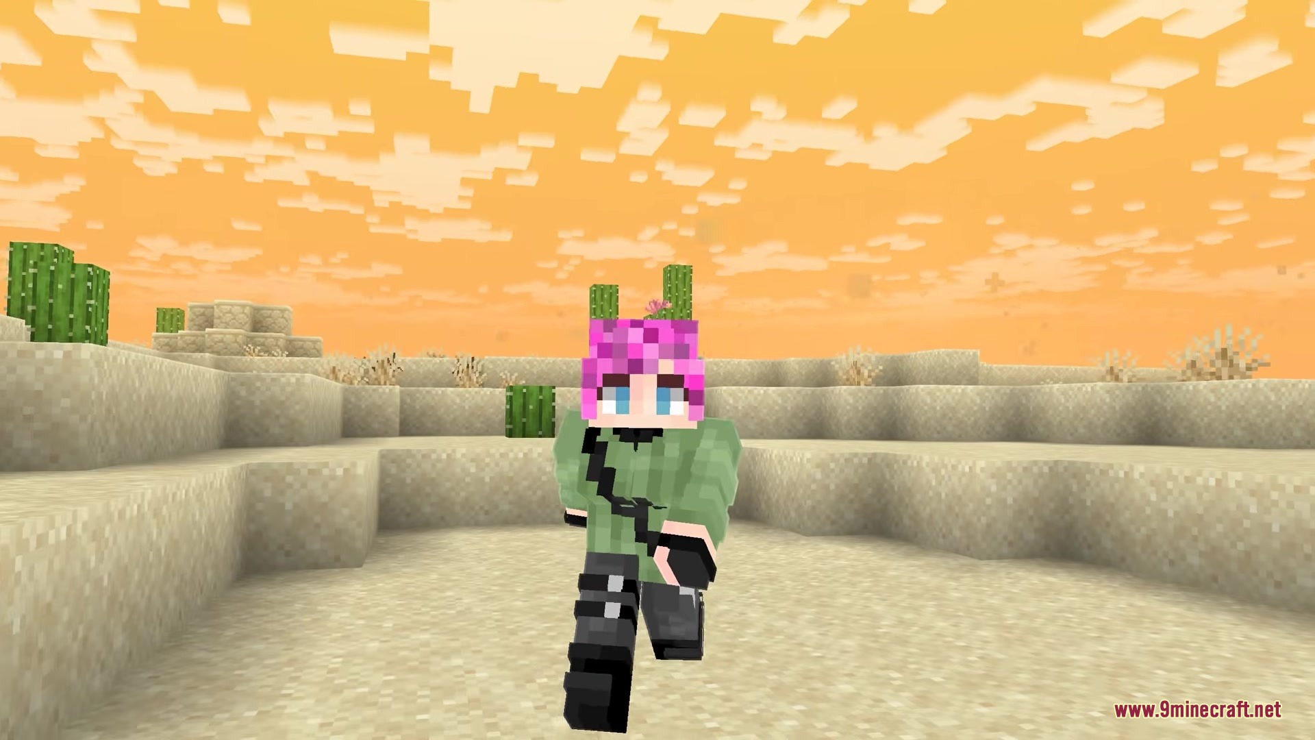 Skincraft Mod Screenshot 4 A custom character skin with pink hair walking through a desert biome