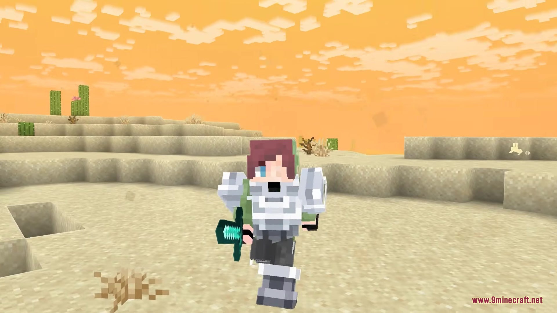 Skincraft Mod Screenshot 5 Minecraft character with custom skin and diamond sword in a desert biome