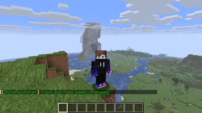 A player character standing on a cliff after updating their custom Minecraft skin