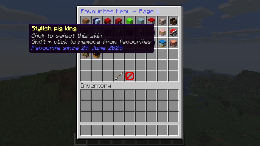 Selecting a stylish pig king skin from the favorites menu in Minecraft