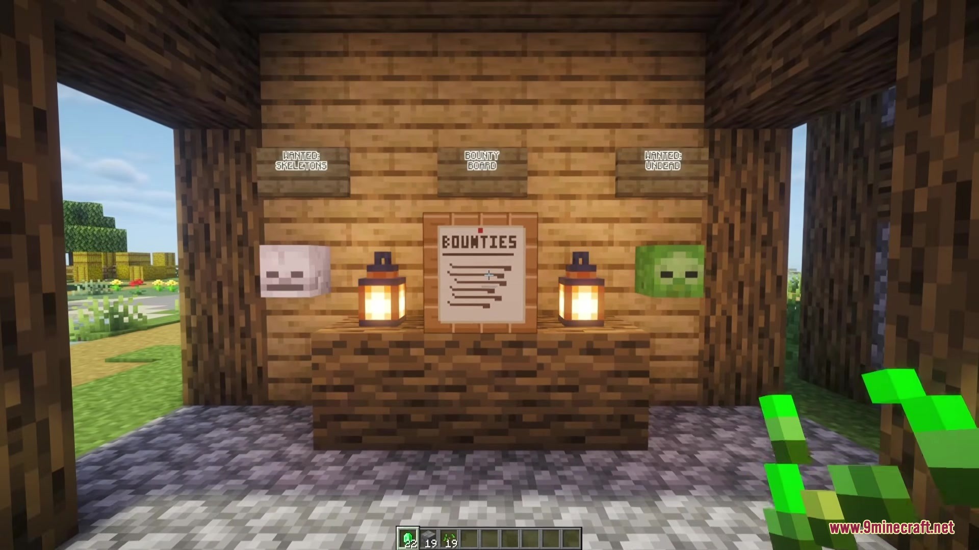 Sky Archipelago Mod Screenshot 1 Bounty board displaying mob heads and lanterns in a wooden building