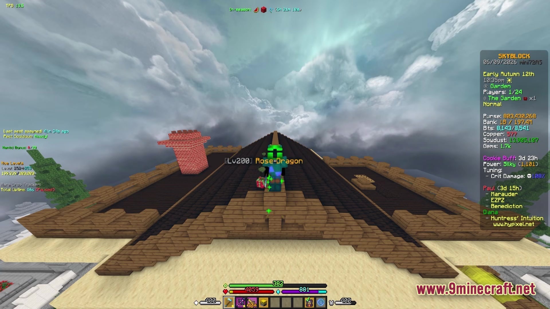 A player stands on a wooden roof structure within the Garden area of Hypixel SkyBlock