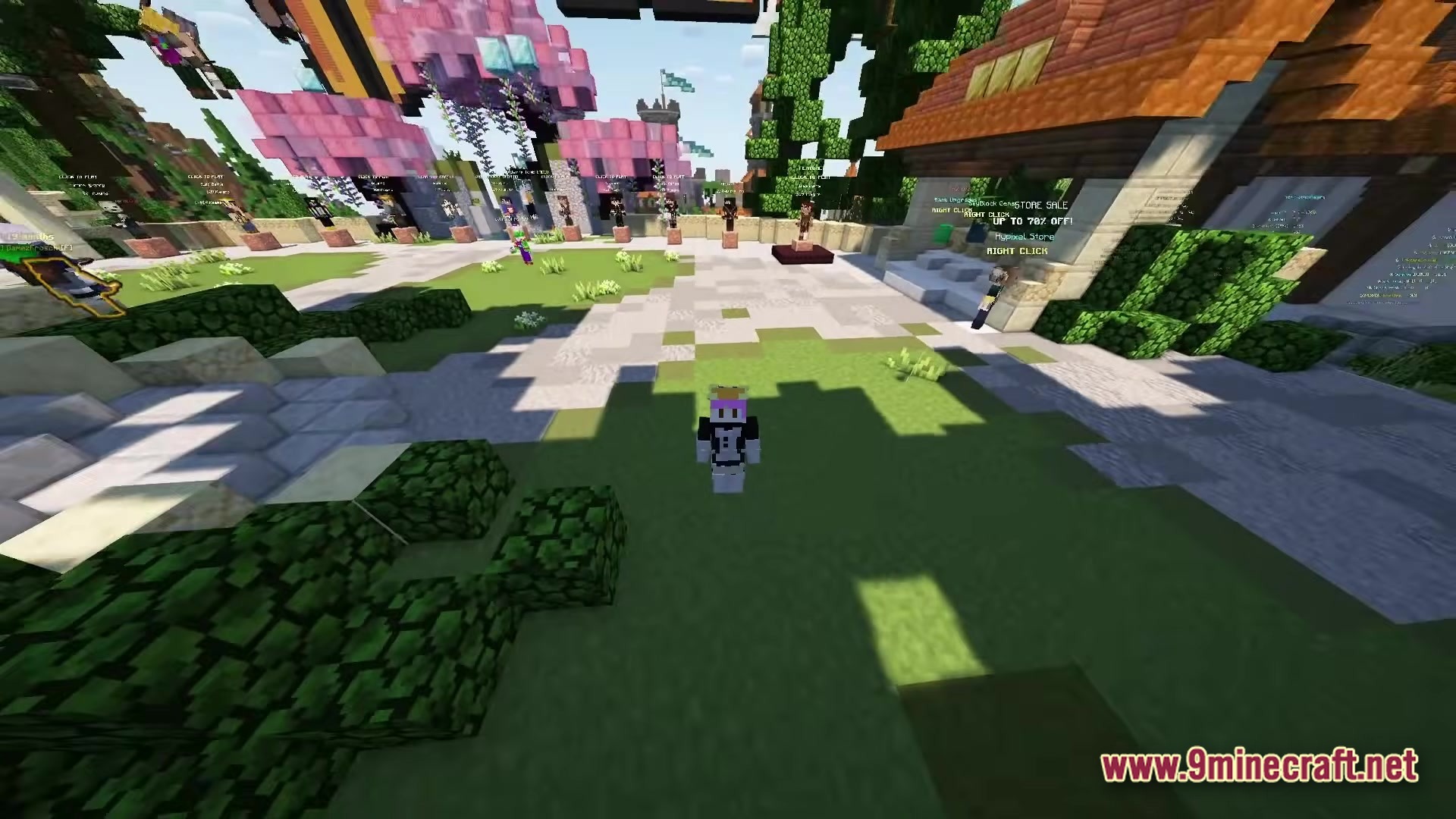 A player character stands in a central hub area featuring custom structures and cherry blossom trees