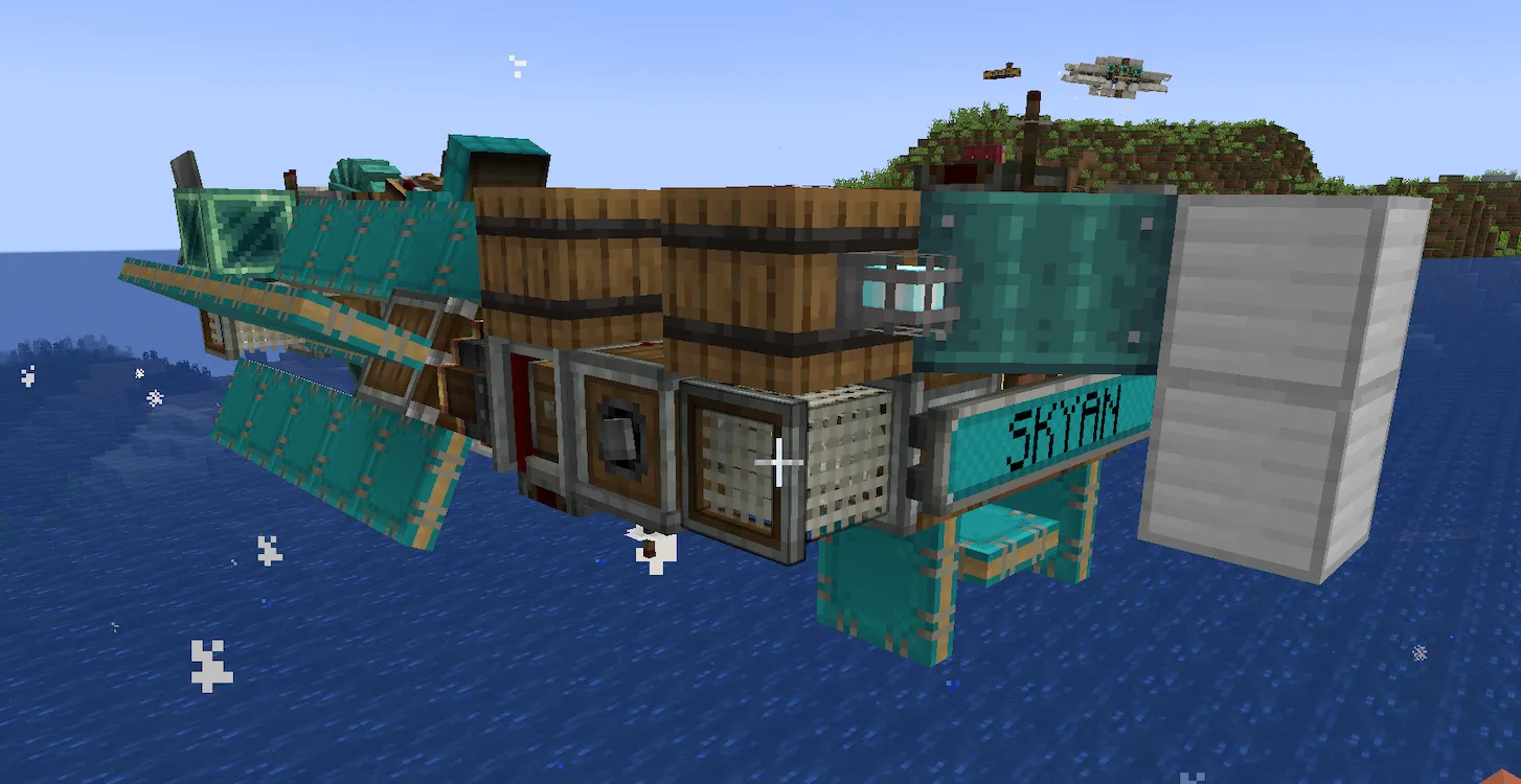 Skyan1.2 Schematic Screenshots 2 A custom teal flying machine with storage barrels hovering over the ocean water