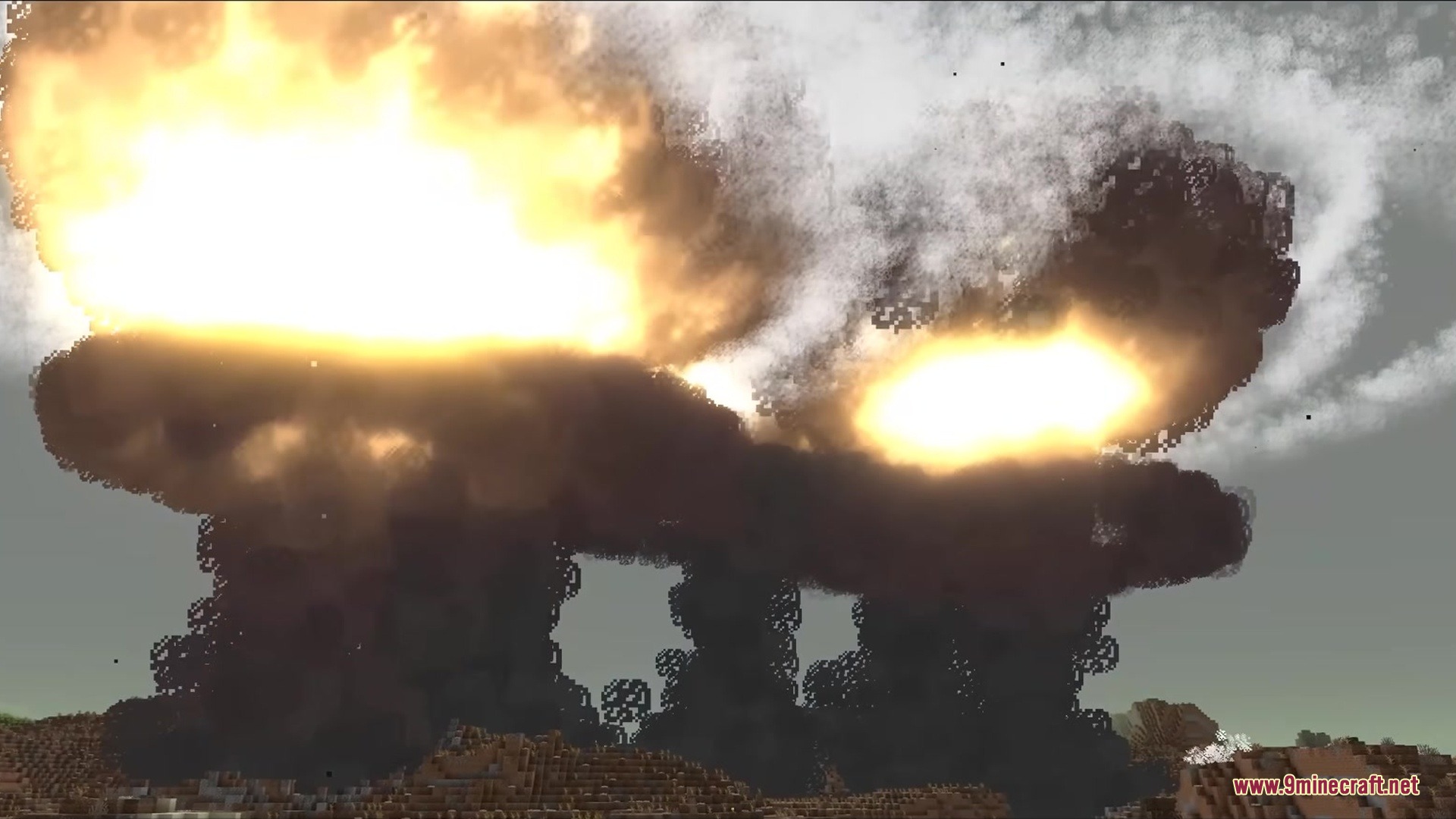 Slag N' Embers Mod Screenshot 12 Massive fiery explosions create giant smoke clouds over a blocky Minecraft world