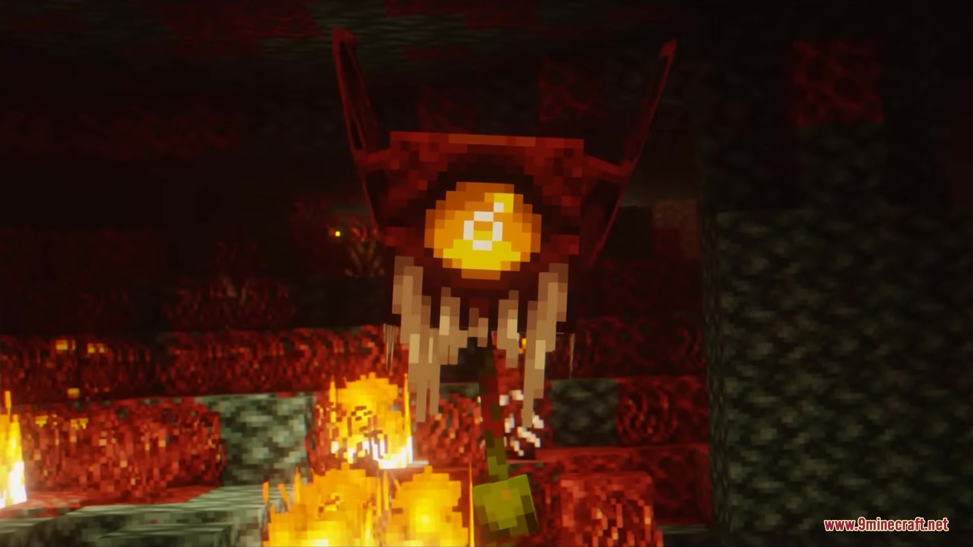 Slag N' Embers Mod Screenshot 2 A mechanical eye entity with white tassels floating in a Nether environment