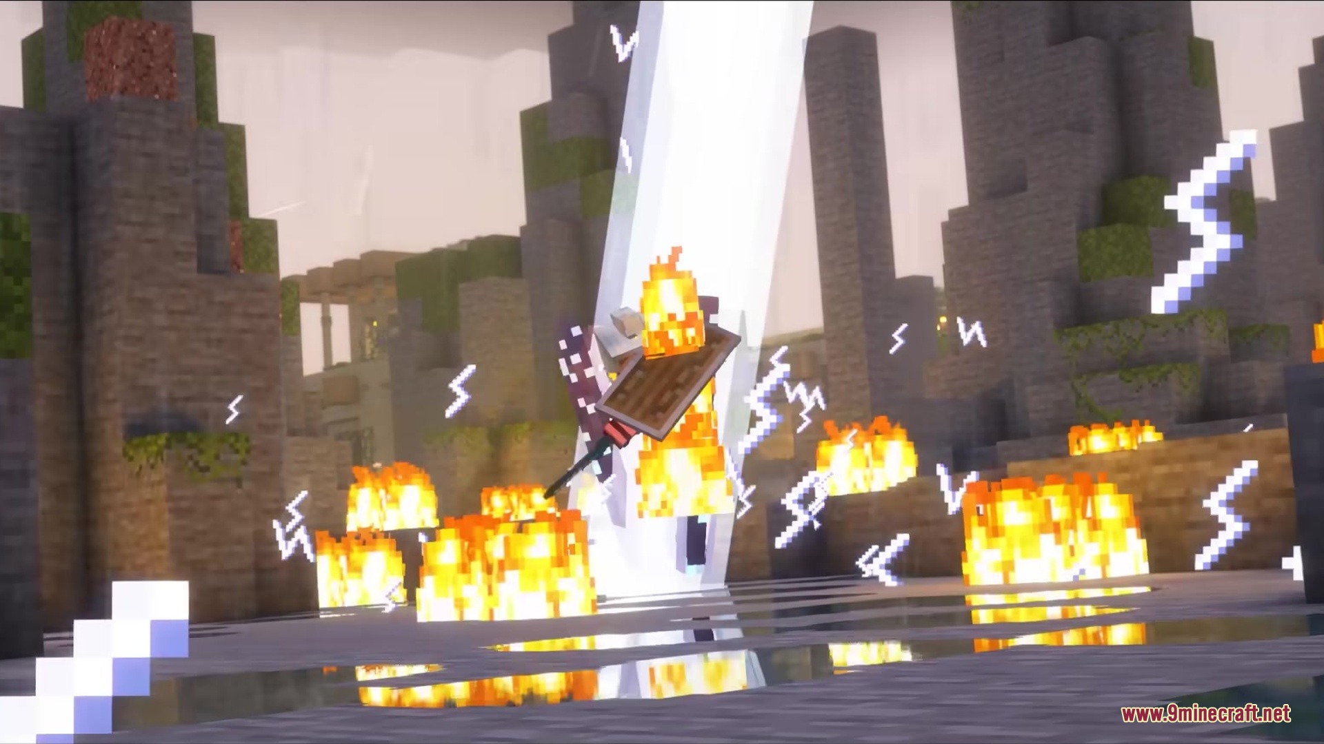 Slag N' Embers Mod Screenshot 3 A character hit by a beam of light with fire and lightning sparks
