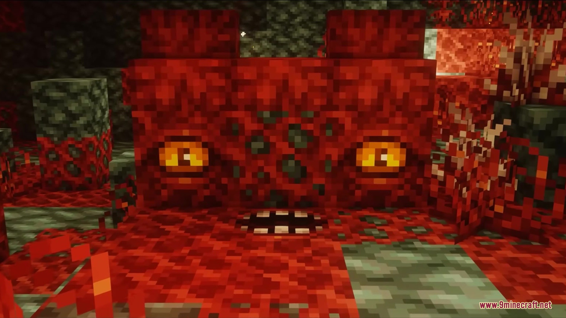 Slag N' Embers Mod Screenshot 4 Red blocks forming a creepy face with glowing yellow eyes in the nether