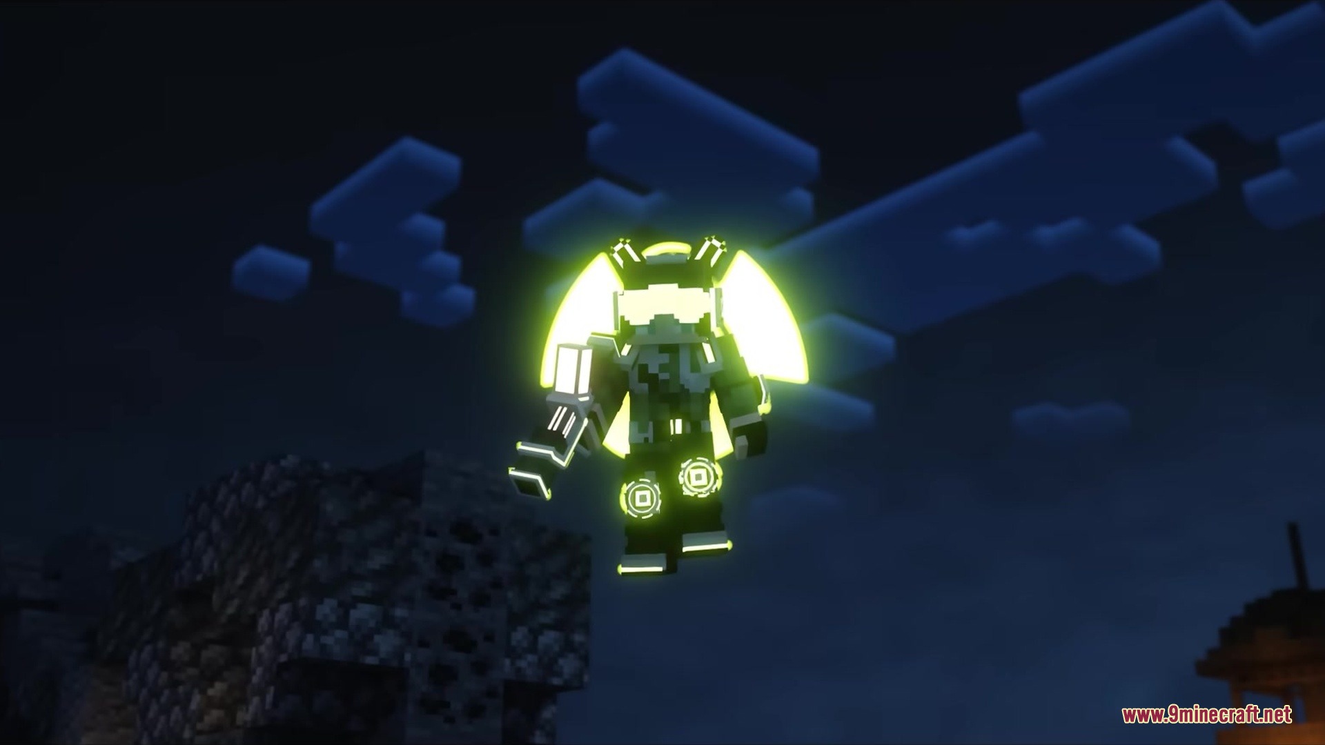 Slag N' Embers Mod Screenshot 5 A player wearing glowing yellow futuristic armor with wings flying in the night sky