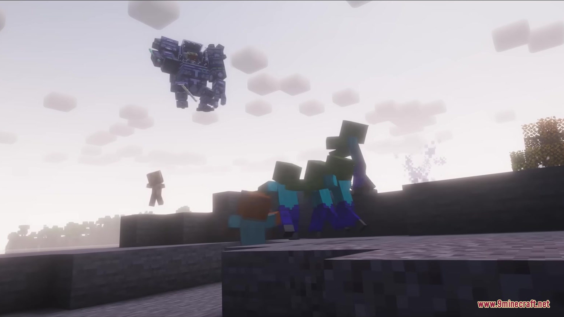 Slag N' Embers Mod Screenshot 6 A giant blue mechanical robot flying above a group of zombies in Minecraft