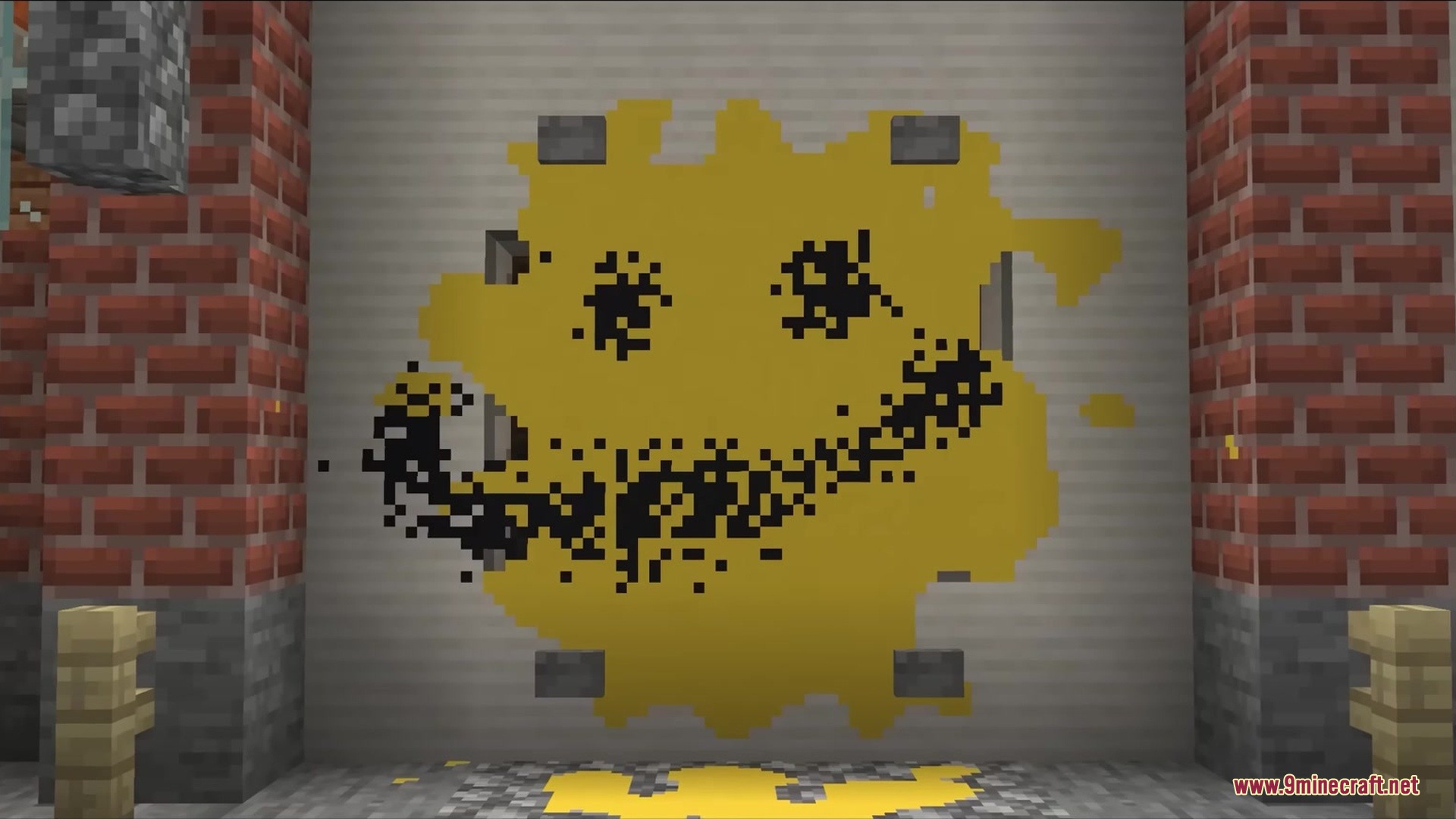 Slag N' Embers Mod Screenshot 7 A yellow splattered smiley face painted on a wall with stone buttons