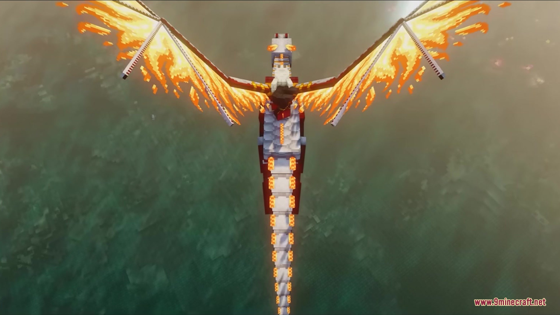 Slag N' Embers Mod Screenshot 8 A large white dragon with fiery wings flying over a green forest landscape