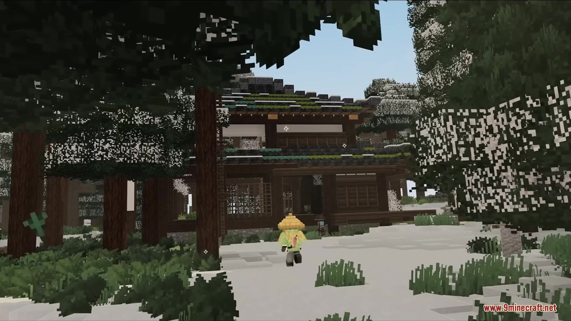 Slag N' Embers Mod Screenshot 9 A player wearing a straw hat walks toward a Japanese style wooden house