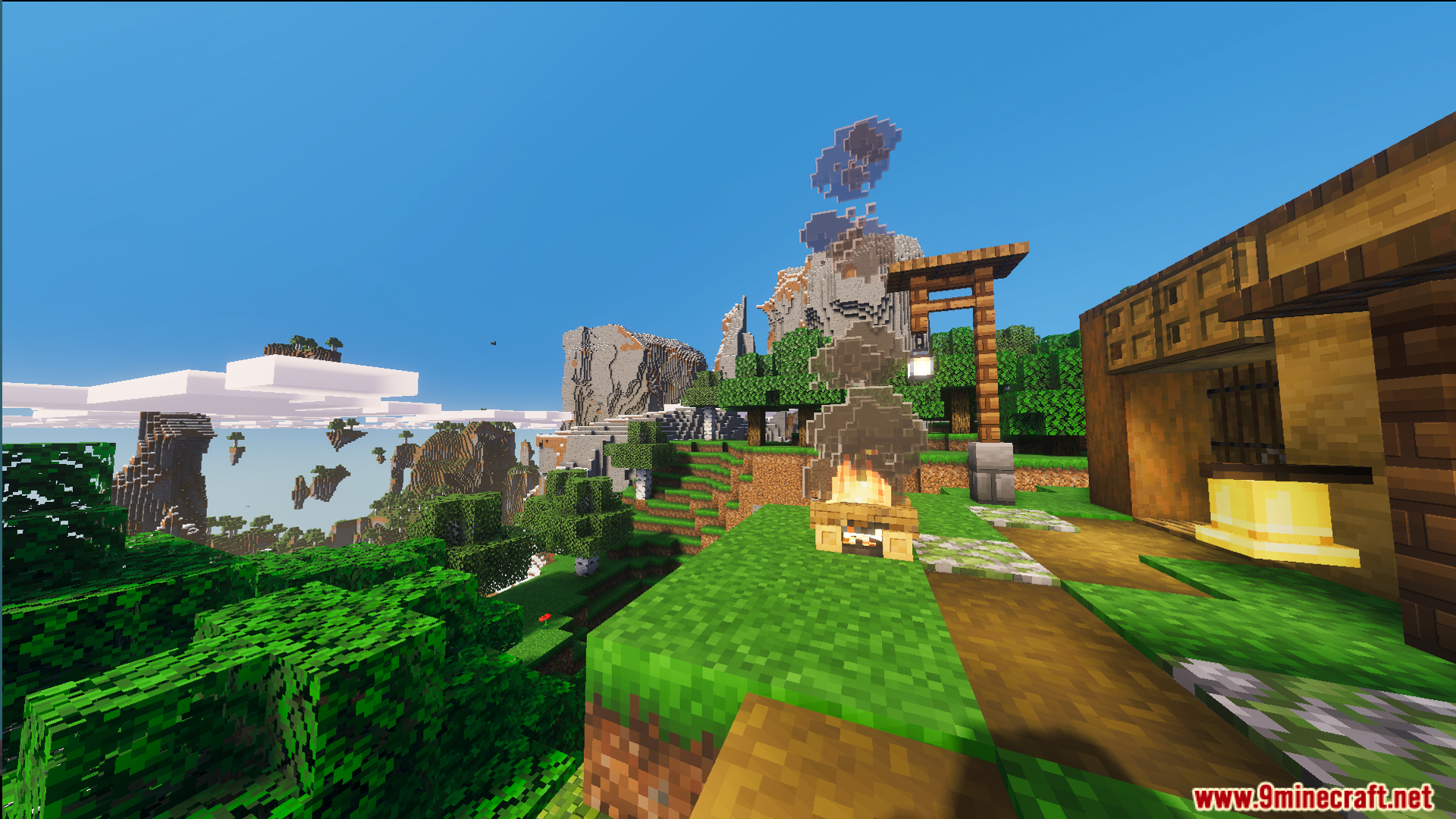 Small Cliff House Map Screenshot 10 A campfire and a bell sit outside the Small Cliff House Map home