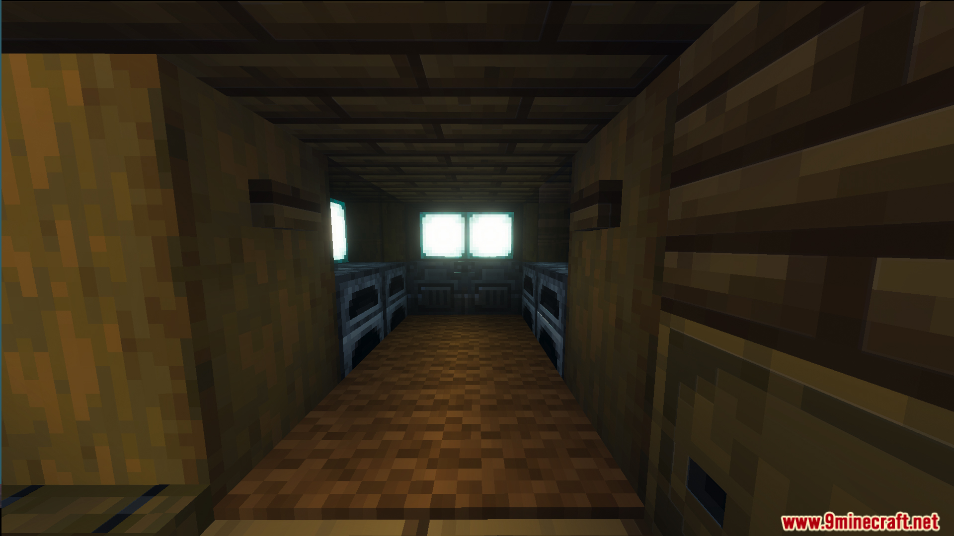 Small Cliff House Map Screenshot 3 Dark wooden hallway with furnaces inside the Small Cliff House Map for Bedrock