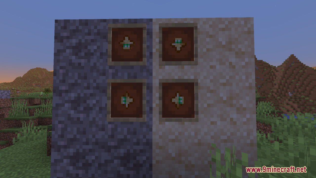 Smaller Totems Resource Pack Screenshot 11 Four small Totems of Undying displayed in item frames on a split wall