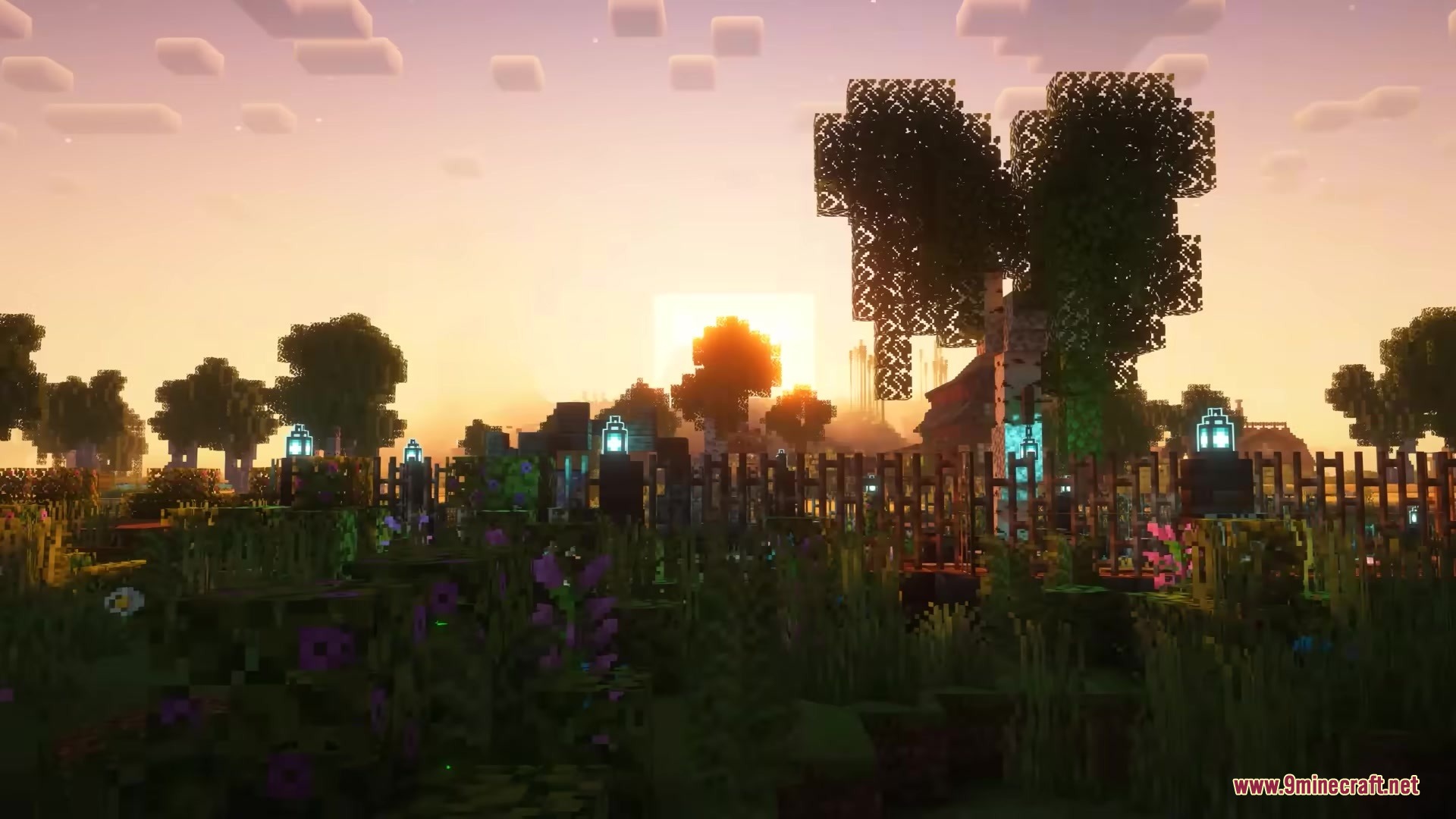 Smithery Mod Screenshot 10 Soul lanterns glowing in a garden during a vibrant Minecraft sunset