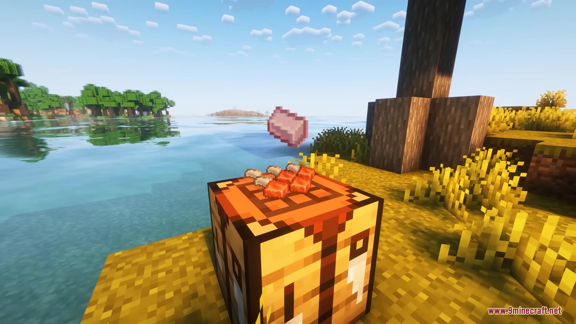 Smithery Mod Screenshot 4 A floating meat item hovers over a crafting table near the water