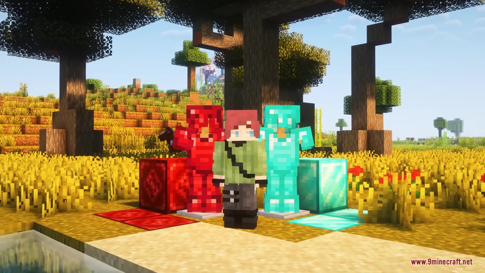 Smithery Mod Screenshot 6 Player standing between ruby and diamond armor sets with matching resource blocks