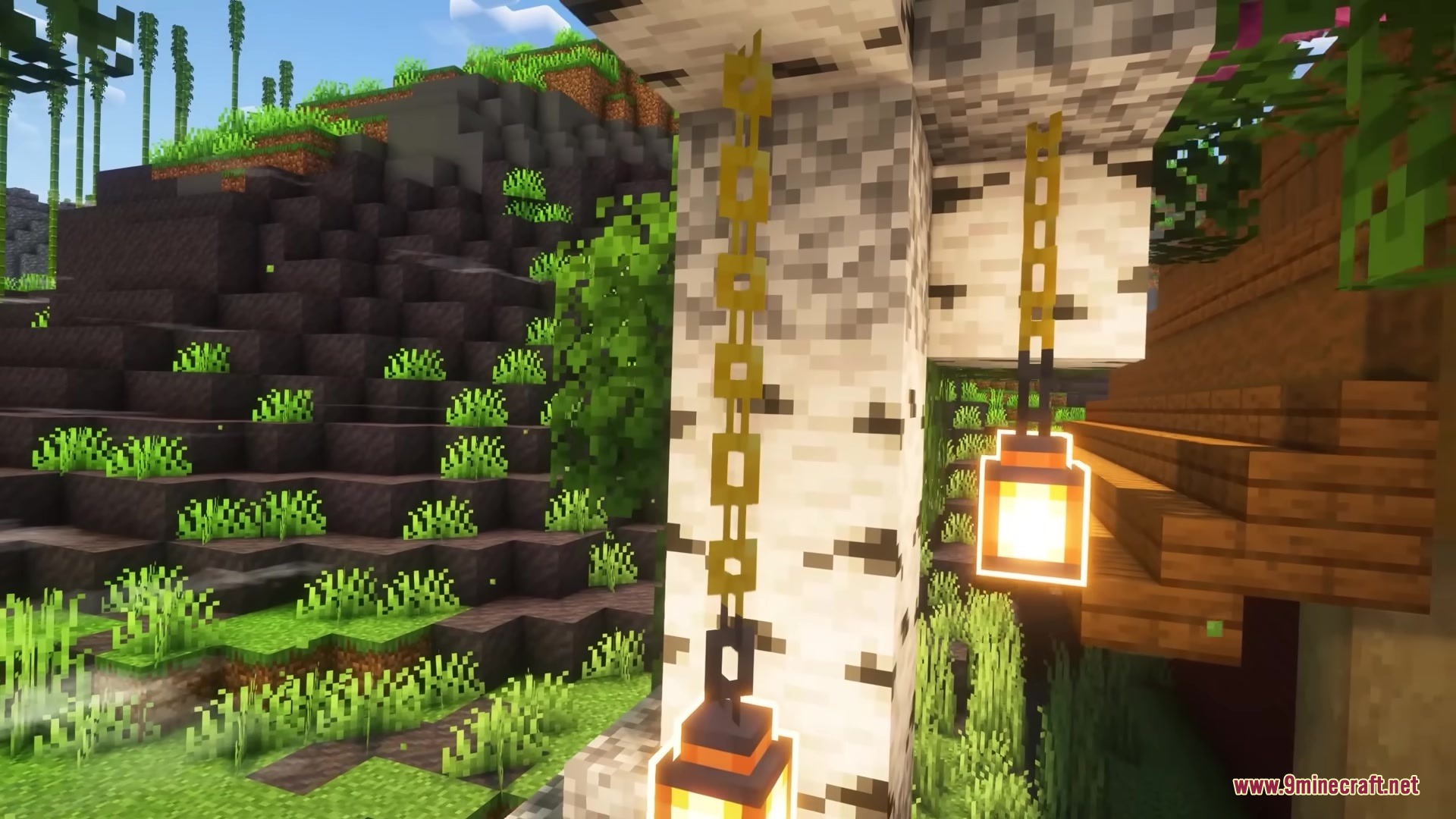 Smithery Mod Screenshot 7 Lanterns hanging from golden chains attached to a birch tree in Minecraft