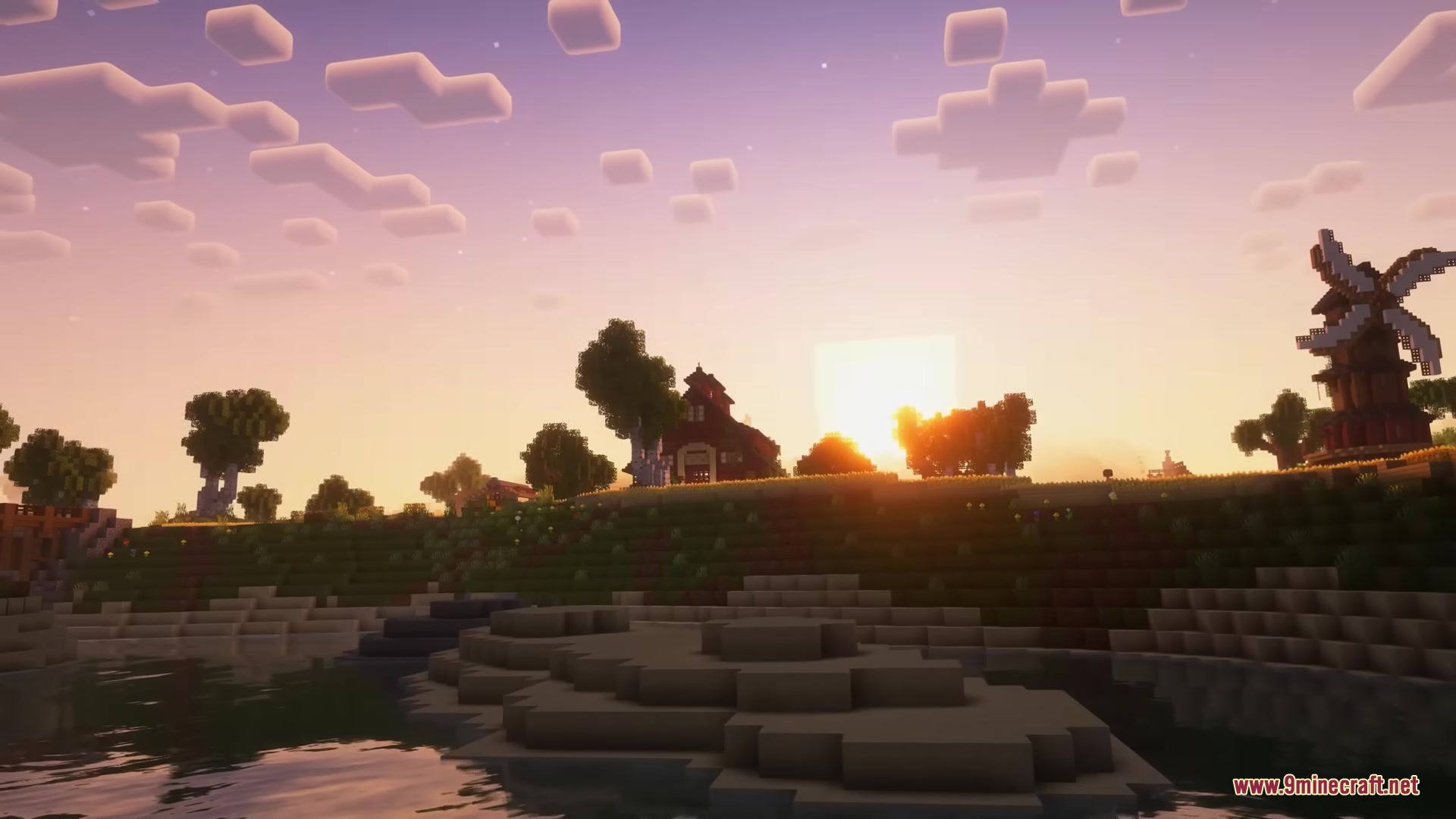Smithery Mod Screenshot 9 A beautiful sunset view over a Minecraft river with a windmill