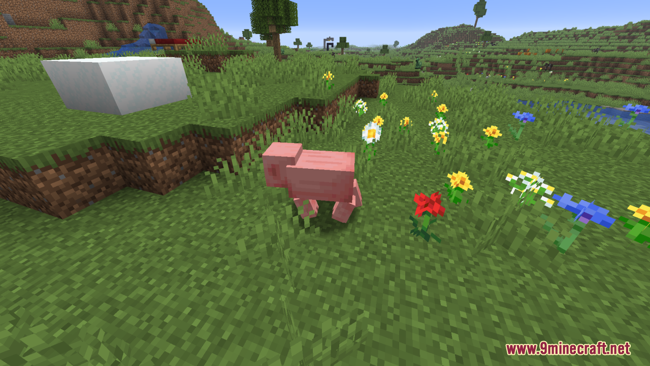 Smooth Entity Shadows Resource Pack Screenshot 1 A pink pig walking through a flowery field with soft round shadows