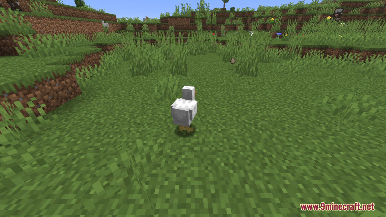 Smooth Entity Shadows Resource Pack Screenshot 4 A white chicken standing on grass with a smooth round shadow below it